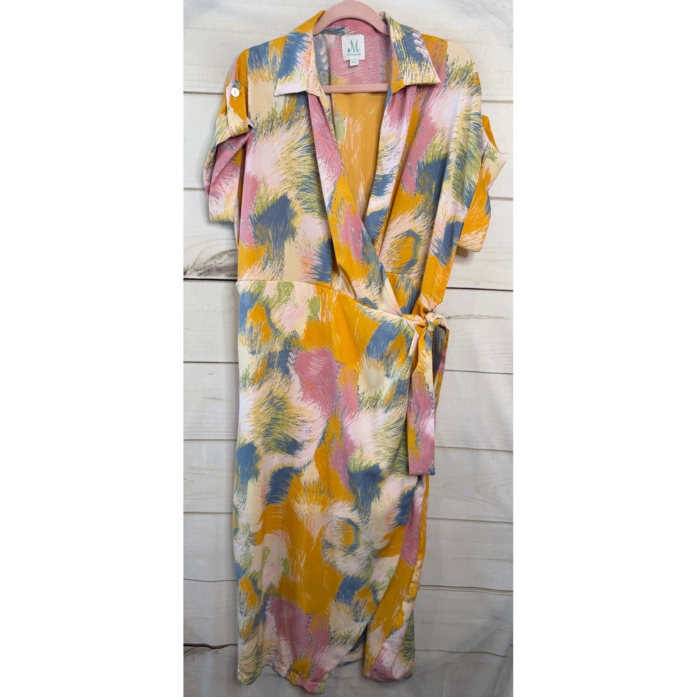 The Mint Julep Boutique Abstract Print Wrap Midi Dress Mustard Pink Blue‎ XL